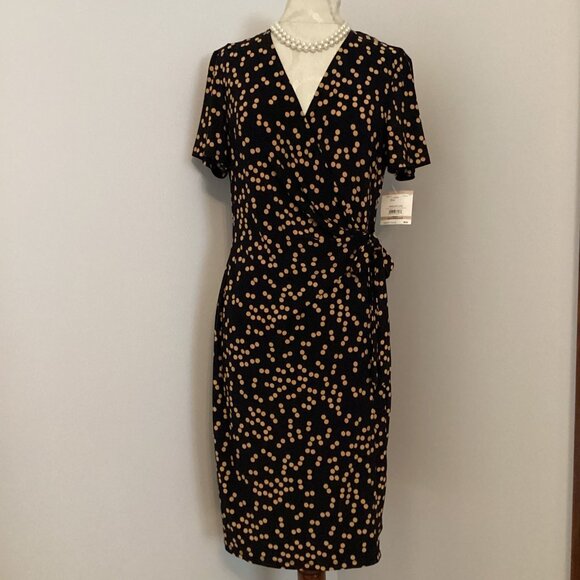 NWT ANNE KLEIN SHORT SLEEVE WRAP DRESS BLACK/CAMEL 12 CAREER OFFICE CONTEMPORARY - Picture 1 of 2